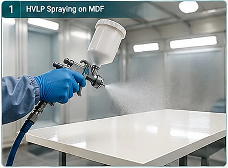 پاشش رنگ با پیستولهٔ HVLP روی صفحهٔ MDF در کابین رنگ